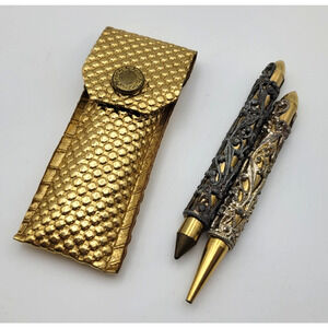 Vtg 1950s Gold Tone Filigree Miniature Jeweled Pen Pencil Set w/ Pouch Accessory